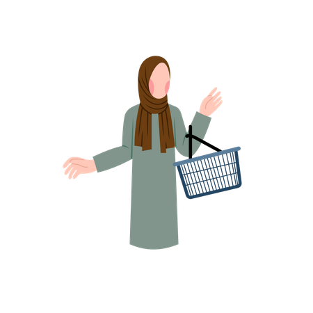 Muslim Woman Holding Grocery Basket Illustration