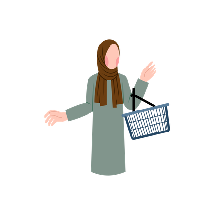 Muslim Woman Holding Grocery Basket  Illustration