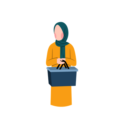 Muslim Woman Holding Grocery Basket  Illustration