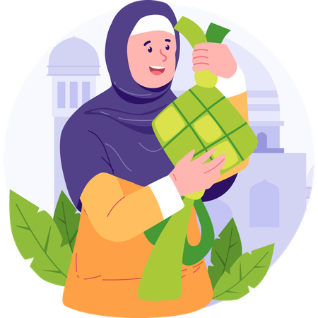 Muslim Woman Holding Ketupat  イラスト
