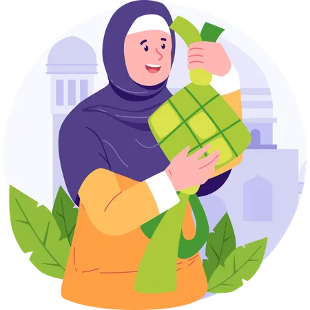 Muslim Woman Holding Ketupat Illustration Illustration