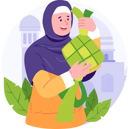 Muslim Woman Holding Ketupat  Illustration