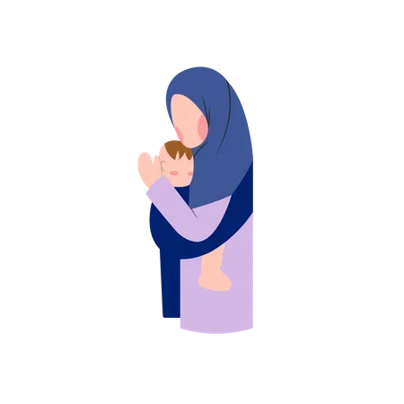 Muslim woman holding kid  Illustration