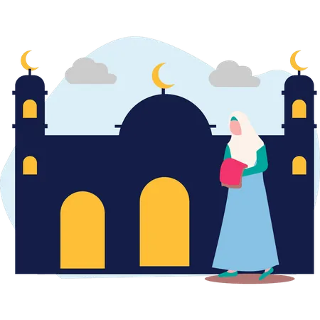 Muslim woman holding prayer mat  Illustration