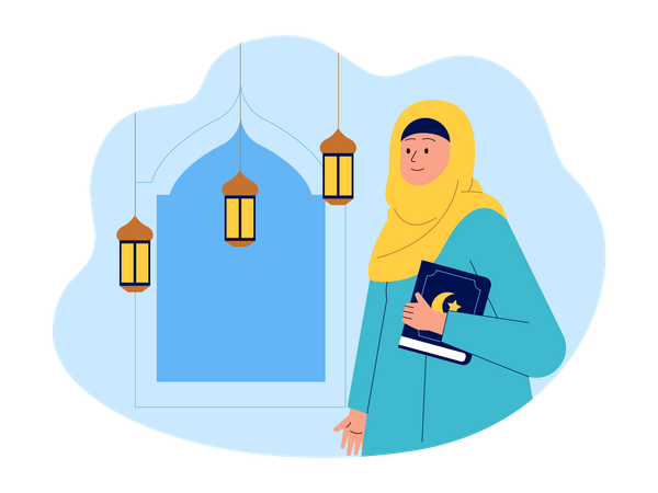 Muslim woman holding Quran book  Illustration