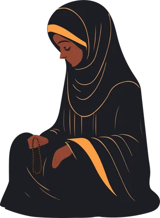 Young Muslim Woman Character Holding Tasbih In Sitting Pose Illustration
