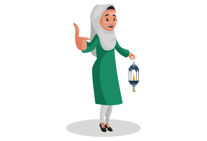 Muslim woman holding the lantern in hand and showing thumbs-up  Illustration