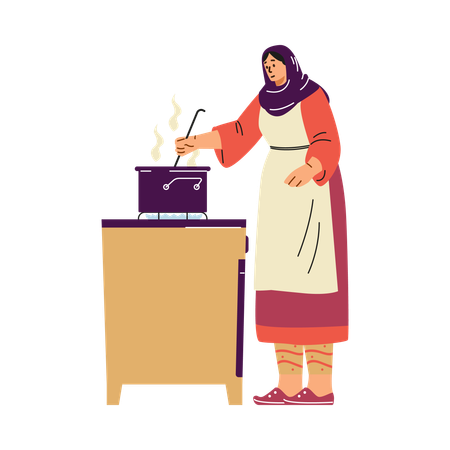 Muslim woman in a hijab cooking at the stove  Illustration