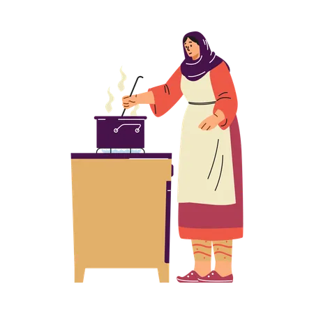 Muslim woman in a hijab cooking at the stove  Illustration