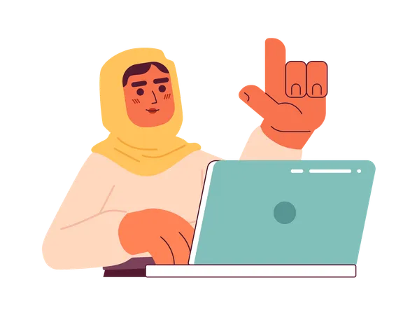 Muslim Woman In Hijab At Work Semi Flat Color Vector Character Editable Half Body Worker With Computer On White Simple Cartoon Spot Illustration For Web Graphic Design Illustration