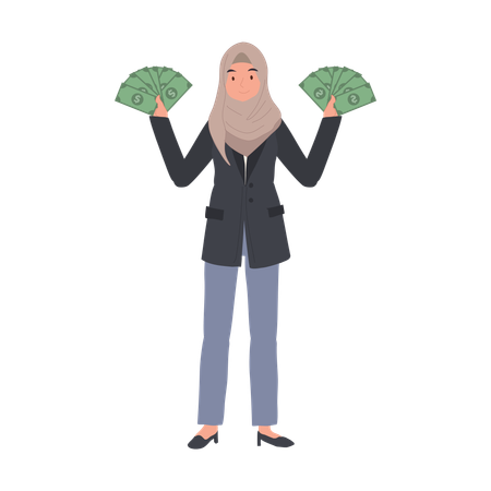 Muslim Woman in Hijab Holding Money Fan in both hands  일러스트레이션