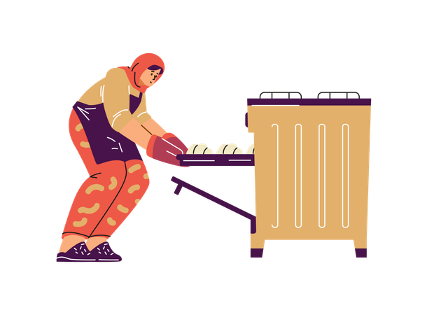 Muslim woman in hijab putting a baking tray with buns in the oven  Illustration