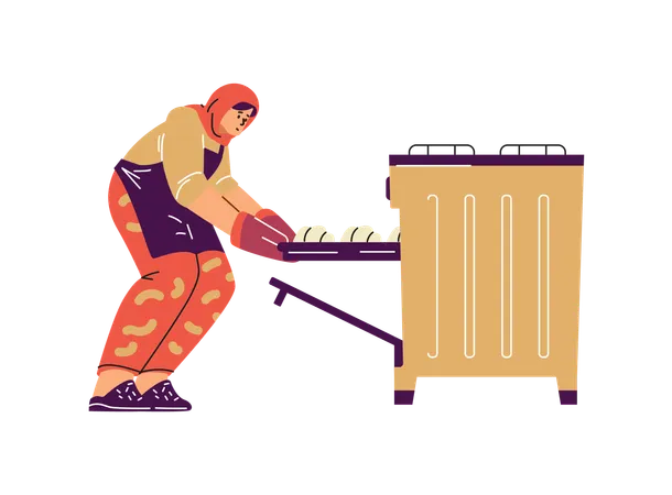 Muslim woman in hijab putting a baking tray with buns in the oven  Illustration