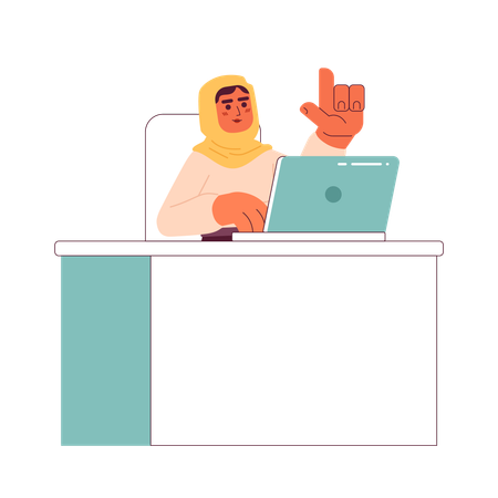 Muslim woman in hijab working on computer  Illustration
