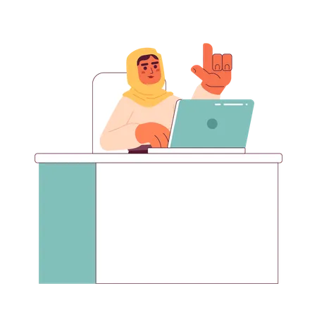 Muslim Woman In Hijab Working On Computer 2 D Vector Isolated Spot Illustration Talking Flat Character On White Background Busy Person Colorful Editable Scene Illustration