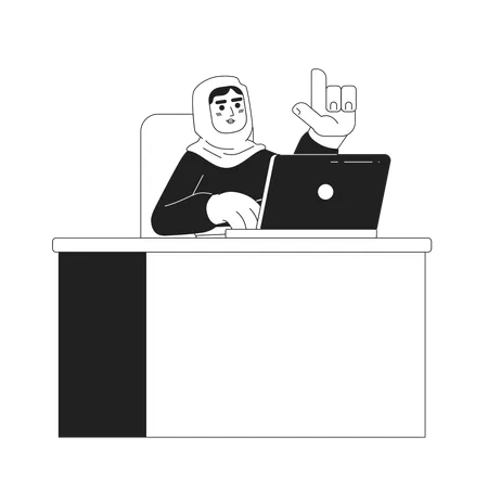 Muslim Woman In Hijab Working On Computer 2 D Vector Monochrome Isolated Spot Illustration Talking Flat Hand Drawn Character On White Background Busy Person Editable Outline Cartoon Scene Illustration