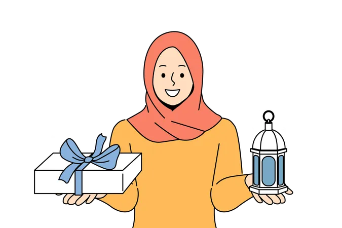 Muslim Woman Invites To Celebrate Ramadan Holy Islamic Holiday Holding Gift Box And Lantern Girl Observes Muslim Traditions And Customs Gives Gifts To Loved Ones During Month Of Ramadan Illustration