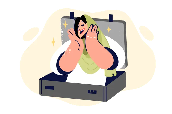 Muslim Woman Is Getting Ready To Travel And Tries On Islamic Headscarf Looking Out Of Suitcase Girl Is Preparing For Trip To Arab Countries And Is Choosing Clothes For Trip To Mecca Illustration