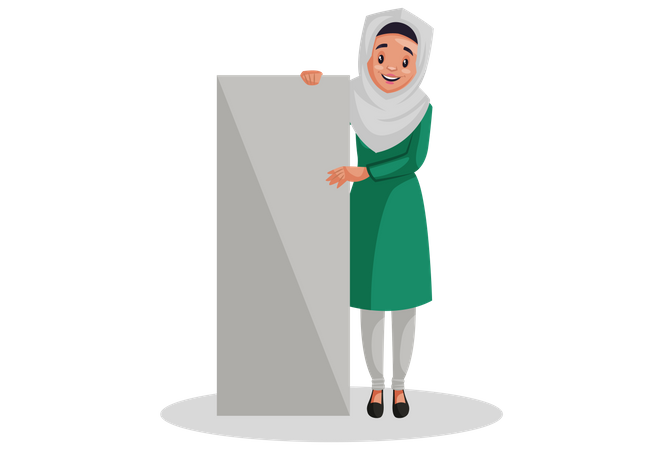 Muslim woman is holding an empty board in her hands  Illustration