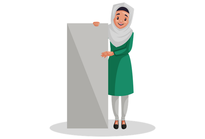 Muslim woman is holding an empty board in her hands  Illustration