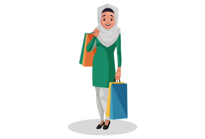 Muslim woman is holding shopping bags in both hands  Illustration