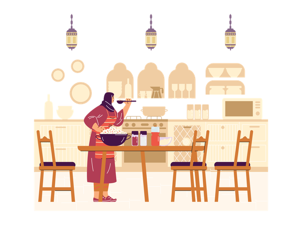 Muslim woman is preparing a festive pilaf in the kitchen  Illustration