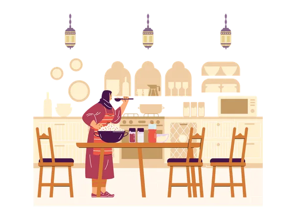 Muslim woman is preparing a festive pilaf in the kitchen  Illustration