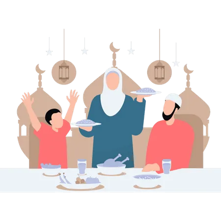The Woman Is Serving Food To The Family Illustration