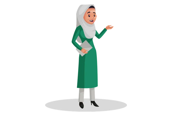 Muslim woman is standing and holding paper in hand  Illustration