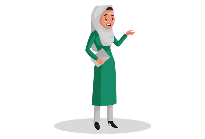 Muslim woman is standing and holding paper in hand  Illustration