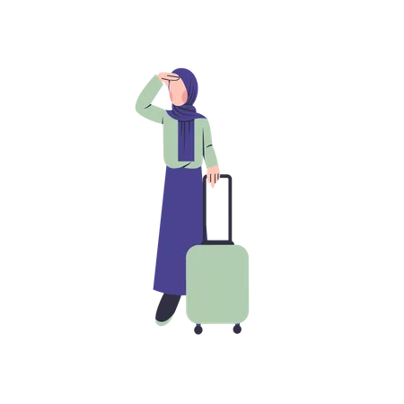 Traveler Muslim Woman With Suitcase Illustration