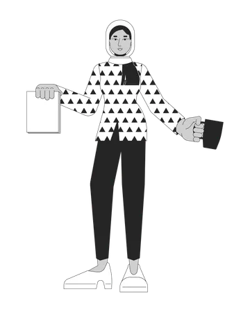 Muslim Hijab Woman Holding Documents Cup Black And White 2 D Line Cartoon Character Secretary Serving Coffee Isolated Vector Outline Person Arab Businesswoman Monochromatic Flat Spot Illustration Illustration