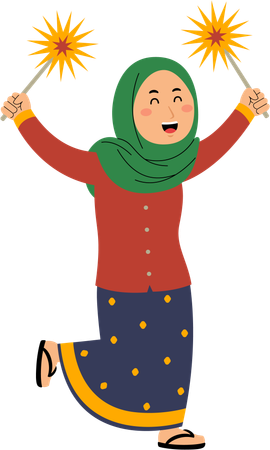 Muslim woman playing fireworks  Illustration