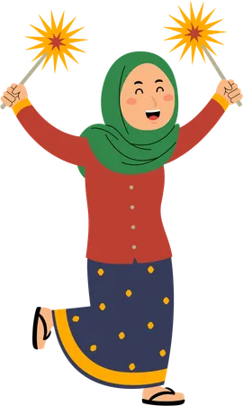 Muslim woman playing fireworks  Illustration