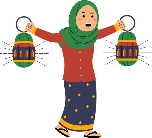 Muslim woman playing lantern  Illustration