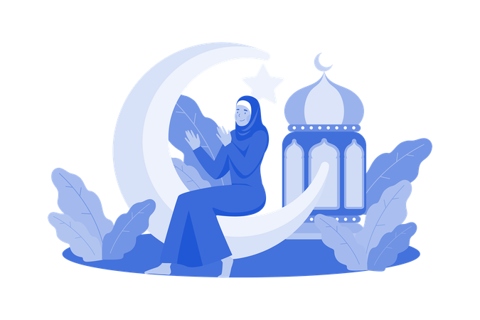 Muslim Woman Pray On Night Ramadan  Illustration
