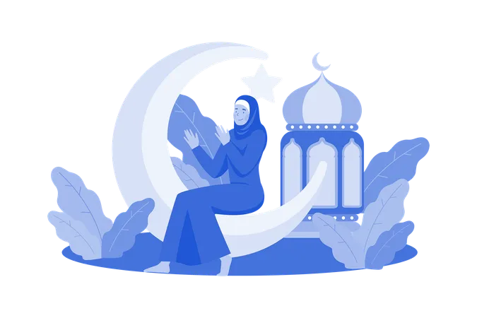 Muslim Woman Pray On Night Ramadan  Illustration