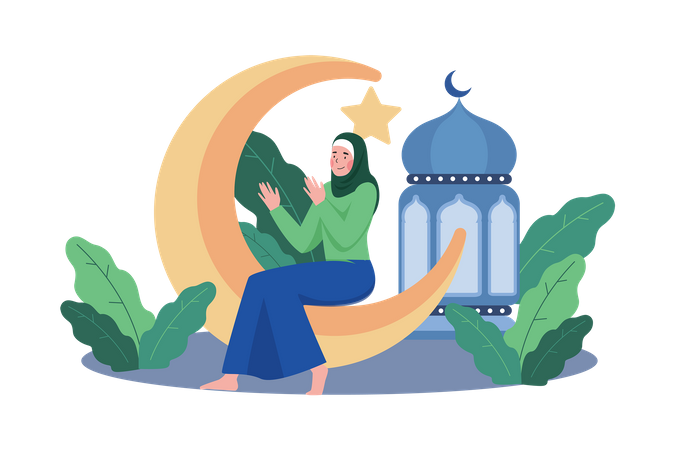 Muslim Woman Pray On Night Ramadan Illustration
