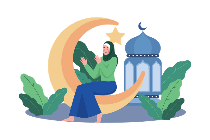 Muslim Woman Pray On Night Ramadan  Illustration