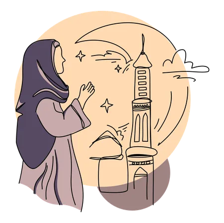 Muslim woman praying near mosque  Illustration