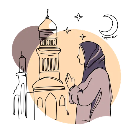 Muslim woman praying near mosque  Illustration