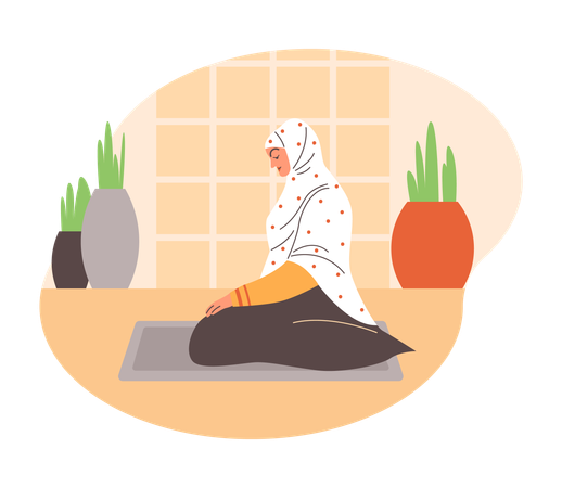 Muslim woman praying on prayer rug  Illustration