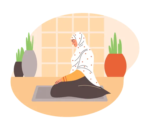 Muslim woman praying on prayer rug  Illustration