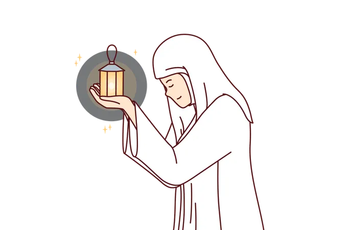 Muslim woman prays in holy month of ramadan and holds lantern for islamic ritual in hands  Illustration