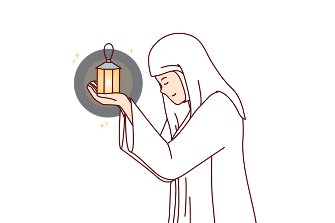 Muslim woman prays in holy month of ramadan and holds lantern for islamic ritual in hands  일러스트레이션