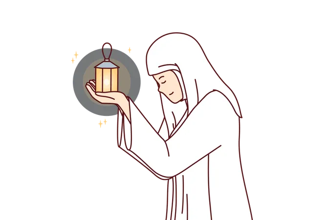 Muslim Woman Prays In Holy Month Of Ramadan And Holds Lantern For Islamic Ritual In Hands Dressed In White Robe Muslim Girl Demonstrates Repentance And Humility Before Allah Almighty イラスト