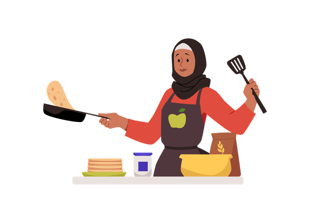 Muslim woman preparing pancakes in kitchen  Illustration