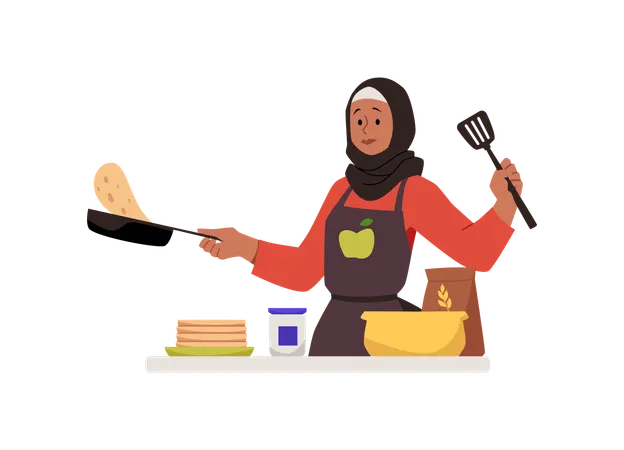 Muslim woman preparing pancakes in kitchen  Illustration