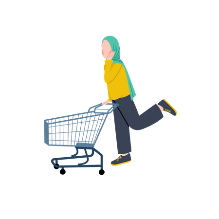 Muslim Woman Pushing Shopping Trolley  Illustration