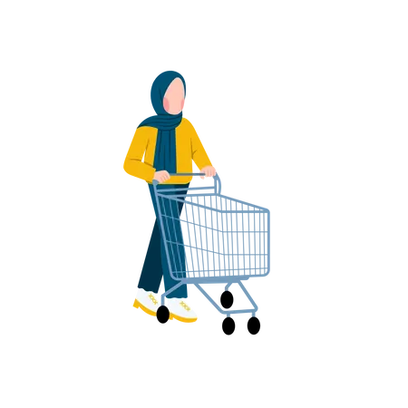 Muslim Woman Pushing Shopping Trolley  Illustration